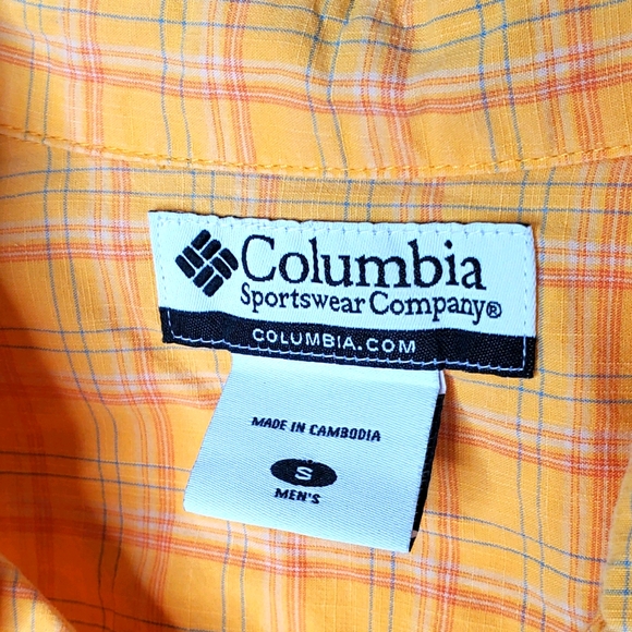 23) COLUMBIA Button-up Rare Golden Orange w. Teal Plaid Men's Sz. S - Picture 2 of 5